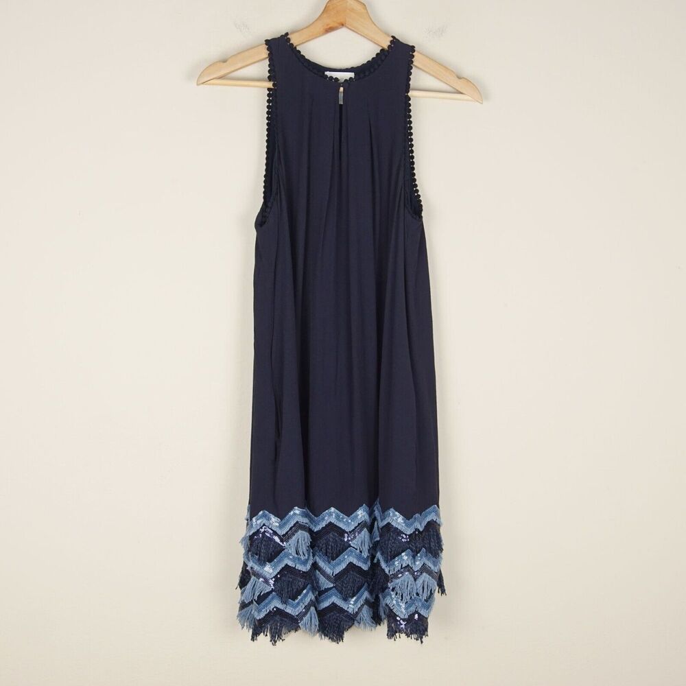 Anthropologie Maeve Navy Blue Fringe Sequin Trim Tank Dress Womens Sz 2